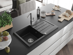 Mexen Bruno granite kitchen sink 1-bowl with drainer and kitchen faucet Flora, black/silver metallic - 6513-73-670401-00
