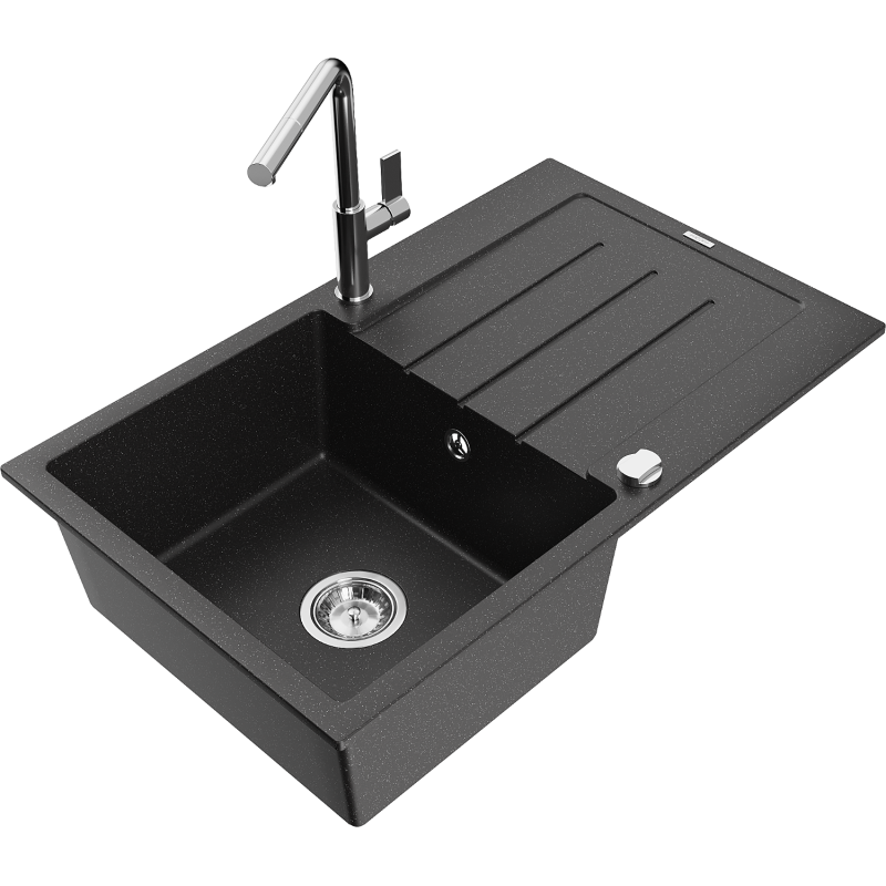 Mexen Bruno 1-compartment granite sink with a drip tray and kitchen mixer tap Flora, Black/Silver metallic - 6513-73-670401-00
