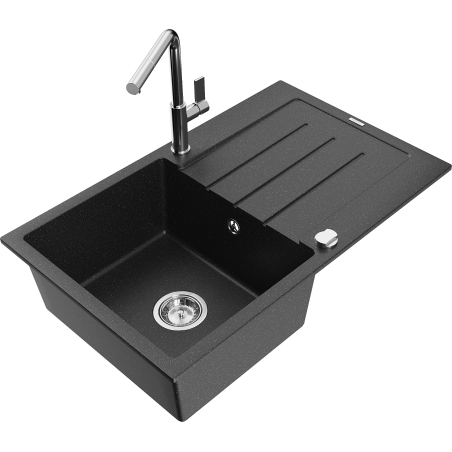 Mexen Bruno 1-bowl granite sink with drainer and Flora kitchen tap, black/silver metallic - 6513-73-670401-00