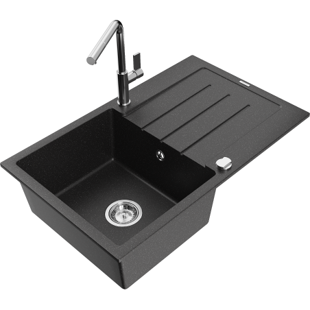 Mexen Bruno granite kitchen sink with 1 bowl, drainer, and Flora kitchen faucet, black/silver metallic - 6513-73-670401-00