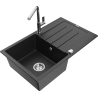 Mexen Bruno granite kitchen sink 1-bowl with drainer and kitchen faucet Flora, black/silver metallic - 6513-73-670401-00