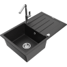 Mexen Bruno granite kitchen sink with 1 bowl, drainer, and Flora kitchen faucet, black/silver metallic - 6513-73-670401-00