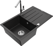 Mexen Bruno granite kitchen sink 1-bowl with drainer and kitchen faucet Flora, black/silver metallic - 6513-73-670401-00