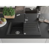 Mexen Bruno granite kitchen sink 1-bowl with drainer and Flora kitchen faucet, black/silver metallic - 6513-73-670401-07