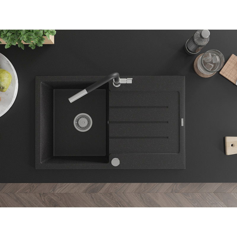 Mexen Bruno 1-bowl granite sink with drainer and Flora kitchen tap, black/silver metallic - 6513-73-670401-07