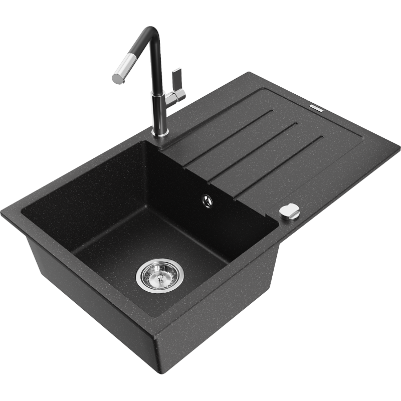 Mexen Bruno 1-bowl granite sink with drainer and Flora kitchen tap, black/silver metallic - 6513-73-670401-07