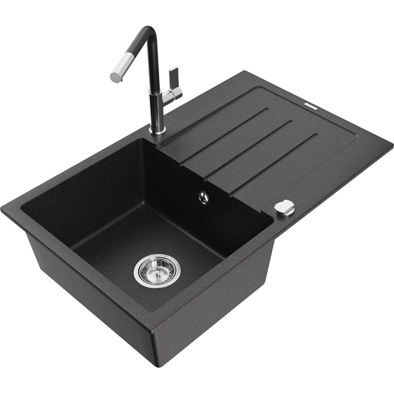 Mexen Bruno 1-compartment granite sink with a drip tray and kitchen mixer tap Flora, Black/Silver metallic - 6513-73-670401-07