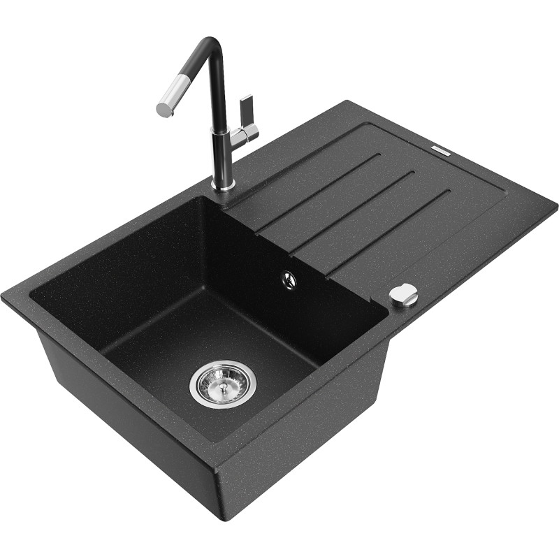 Mexen Bruno granite kitchen sink 1-bowl with drainer and Flora kitchen faucet, black/silver metallic - 6513-73-670401-07