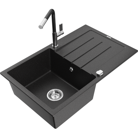 Mexen Bruno 1-bowl granite sink with drainer and Flora kitchen tap, black/silver metallic - 6513-73-670401-07