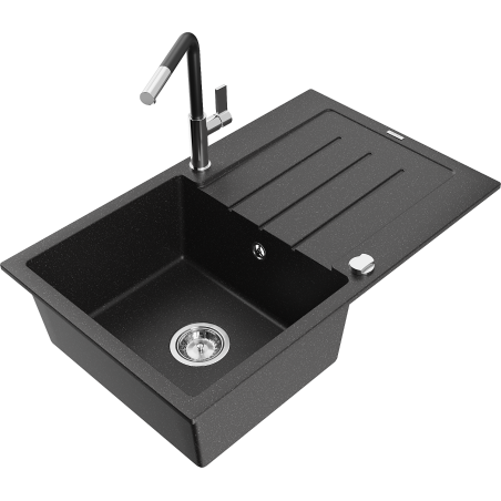 Mexen Bruno granite sink 1-bowl with drainer and Flora kitchen faucet, black/silver metallic - 6513-73-670401-07