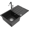 Mexen Bruno granite kitchen sink 1-bowl with drainer and Flora kitchen faucet, black/silver metallic - 6513-73-670401-07