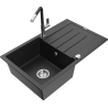 Mexen Bruno granite sink 1-bowl with drainer and Flora kitchen faucet, black/silver metallic - 6513-73-670401-07