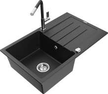 Mexen Bruno granite sink 1-bowl with drainer and Flora kitchen faucet, black/silver metallic - 6513-73-670401-07