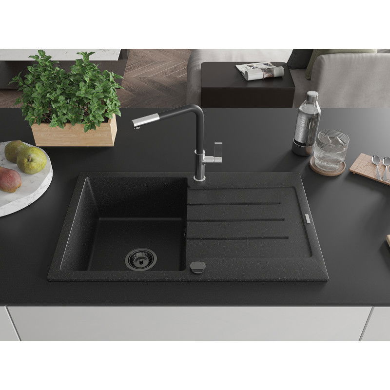 Mexen Bruno granite kitchen sink with 1 bowl, drainer, and Flora kitchen tap, black/silver metallic - 6513-73-670401-07-B