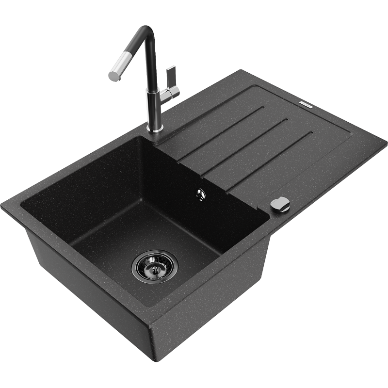 Mexen Bruno granite kitchen sink with 1 bowl, drainer, and Flora kitchen tap, black/silver metallic - 6513-73-670401-07-B