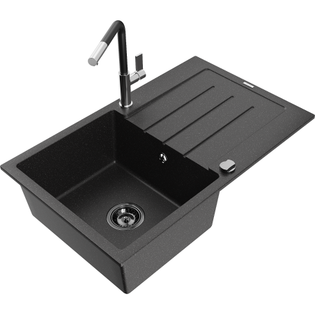 Mexen Bruno granite kitchen sink 1-bowl with drainer and Flora kitchen faucet, black/silver metallic - 6513-73-670401-07-B