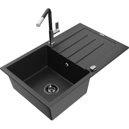 Mexen Bruno granite kitchen sink with 1 bowl, drainer, and Flora kitchen tap, black/silver metallic - 6513-73-670401-07-B