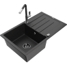 Mexen Bruno 1-compartment granite sink with a drip tray and kitchen mixer tap Flora, Black/Silver metallic - 6513-73-670401-07-B