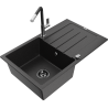 Mexen Bruno granite kitchen sink with 1 bowl, drainer, and Flora kitchen tap, black/silver metallic - 6513-73-670401-07-B