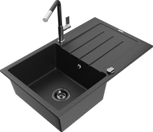 Mexen Bruno granite kitchen sink 1-bowl with drainer and Flora kitchen faucet, black/silver metallic - 6513-73-670401-07-B