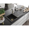 Mexen Bruno granite kitchen sink with one bowl, drainer, and Flora kitchen faucet, black/silver metallic - 6513-73-670401-57-G