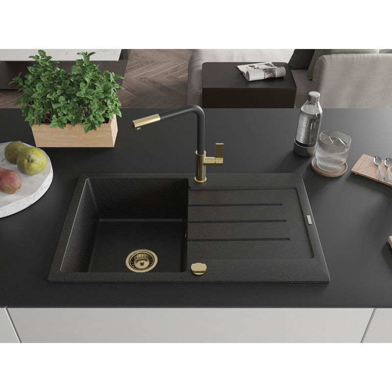 Mexen Bruno 1-bowl granite sink with drainer and Flora kitchen tap, black/silver metallic - 6513-73-670401-57-G