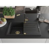 Mexen Bruno granite kitchen sink with one bowl, drainer, and Flora kitchen faucet, black/silver metallic - 6513-73-670401-57-G