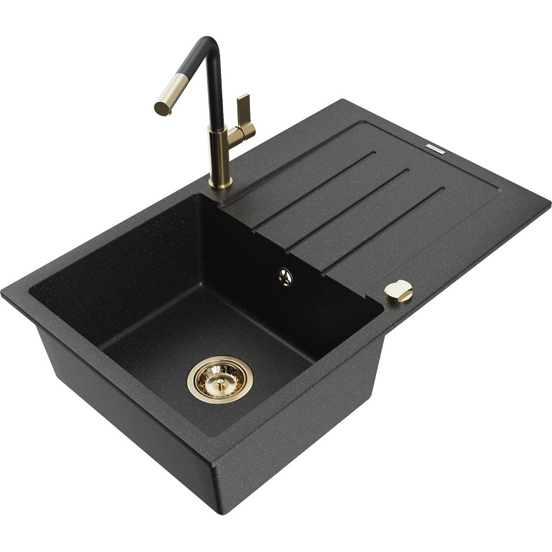 Mexen Bruno Granite Kitchen Sink 1-Bowl with Drainer and Kitchen Faucet Flora, Black/Silver Metallic - 6513-73-670401-57-G