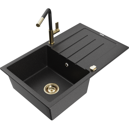 Mexen Bruno 1-bowl granite sink with drainer and Flora kitchen tap, black/silver metallic - 6513-73-670401-57-G