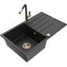 Mexen Bruno Granite Kitchen Sink 1-Bowl with Drainer and Kitchen Faucet Flora, Black/Silver Metallic - 6513-73-670401-57-G
