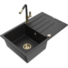 Mexen Bruno granite kitchen sink with one bowl, drainer, and Flora kitchen faucet, black/silver metallic - 6513-73-670401-57-G