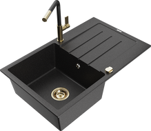 Mexen Bruno granite kitchen sink with one bowl, drainer, and Flora kitchen faucet, black/silver metallic - 6513-73-670401-57-G