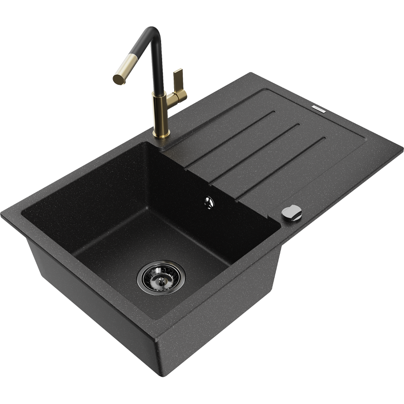 Mexen Bruno 1-compartment granite sink with a drip tray and kitchen mixer tap Flora, Black/Silver metallic - 6513-73-670401-57-B