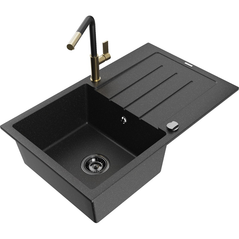 Mexen Bruno granite kitchen sink 1-bowl with drainer and Flora kitchen faucet, black/silver metallic - 6513-73-670401-57-B