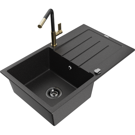 Mexen Bruno granite kitchen sink 1-bowl with drainer and Flora kitchen tap, black/silver metallic - 6513-73-670401-57-B