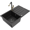 Mexen Bruno granite kitchen sink 1-bowl with drainer and Flora kitchen faucet, black/silver metallic - 6513-73-670401-57-B