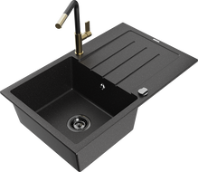 Mexen Bruno granite kitchen sink 1-bowl with drainer and Flora kitchen faucet, black/silver metallic - 6513-73-670401-57-B