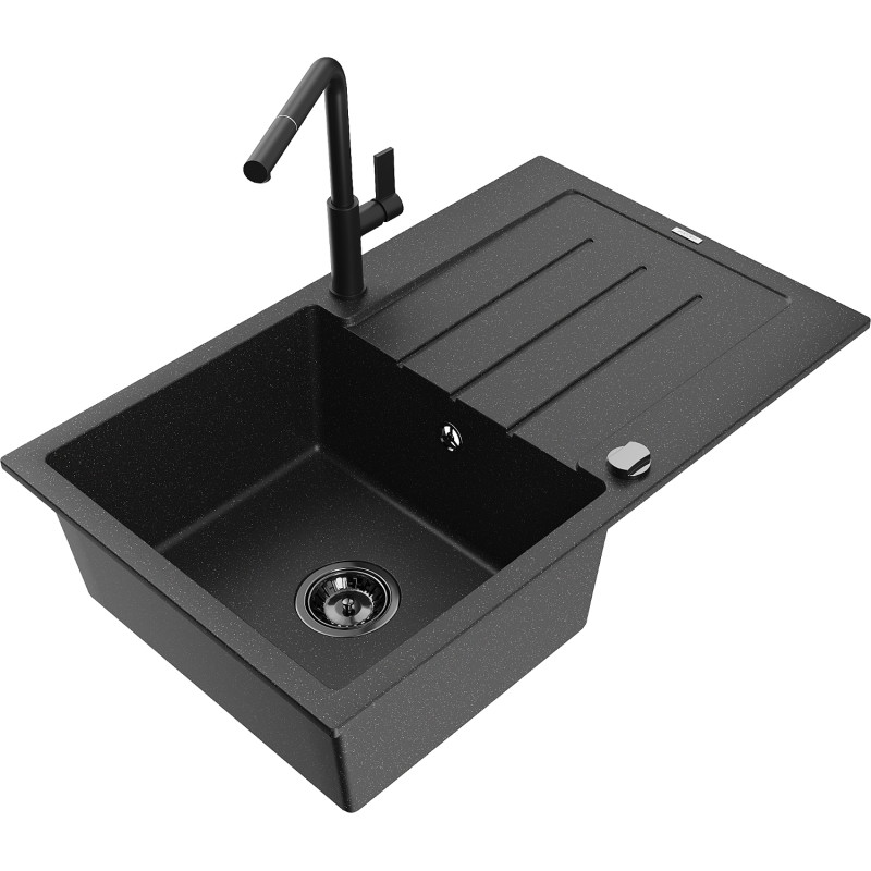 Mexen Bruno granite kitchen sink with 1 basin, drainer, and Flora kitchen faucet, black/silver metallic - 6513-73-670401-70-B