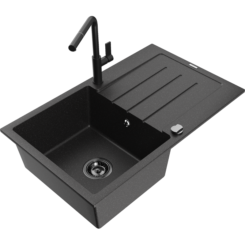 Mexen Bruno granite sink 1-bowl with drainer and kitchen tap Flora, black/silver metallic - 6513-73-670401-70-B