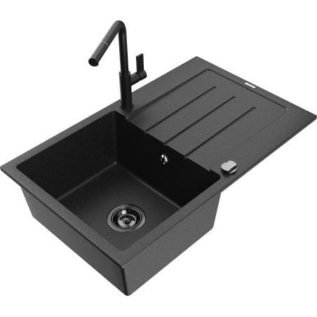 Mexen Bruno 1-bowl granite kitchen sink with drainer and Flora kitchen faucet, black/silver metallic - 6513-73-670401-70-B