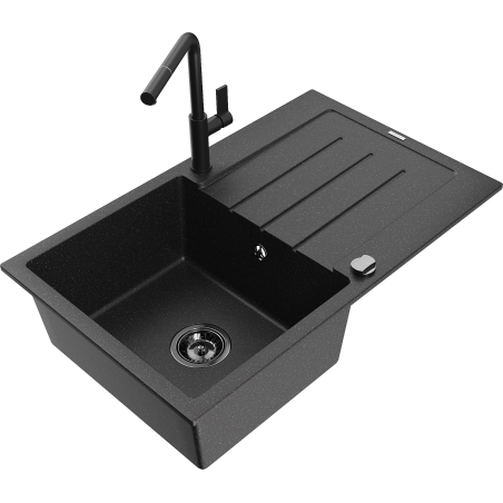 Mexen Bruno granite sink 1-bowl with drainer and kitchen tap Flora, black/silver metallic - 6513-73-670401-70-B