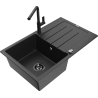 Mexen Bruno 1-bowl granite kitchen sink with drainer and Flora kitchen faucet, black/silver metallic - 6513-73-670401-70-B