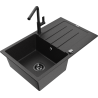 Mexen Bruno granite kitchen sink with 1 basin, drainer, and Flora kitchen faucet, black/silver metallic - 6513-73-670401-70-B