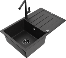 Mexen Bruno 1-bowl granite kitchen sink with drainer and Flora kitchen faucet, black/silver metallic - 6513-73-670401-70-B