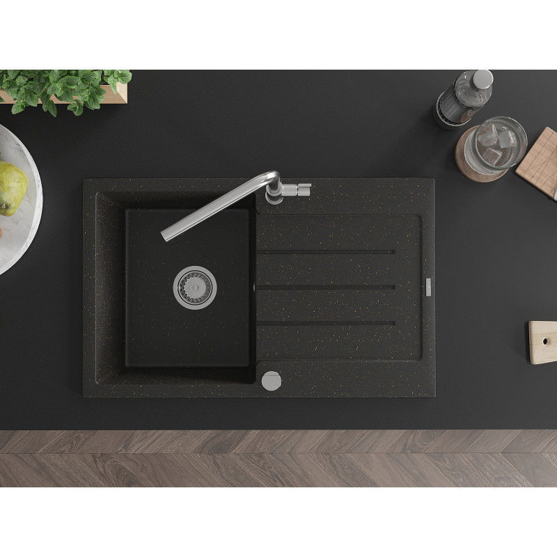 Mexen Bruno granite sink 1-bowl with drainer and Flora kitchen tap, black/golden metallic - 6513-75-670401-00