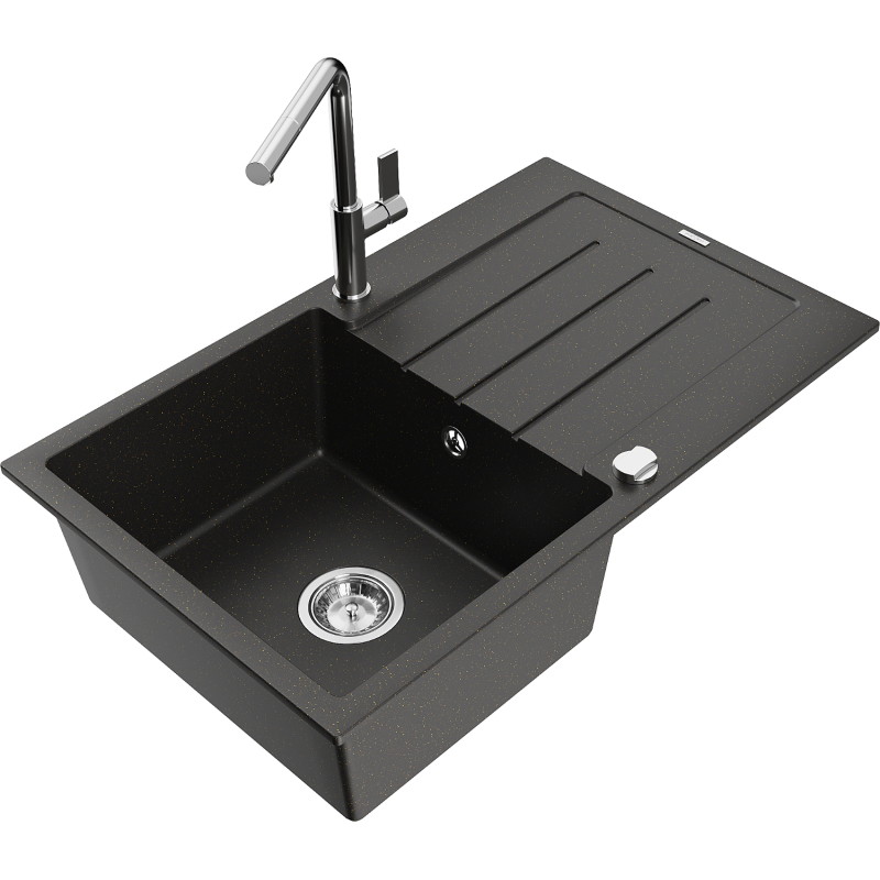 Mexen Bruno 1-bowl granite sink with drainer and Flora kitchen faucet, black/gold metallic - 6513-75-670401-00