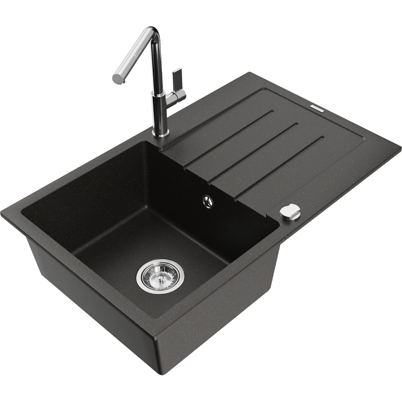 Mexen Bruno granite sink 1-bowl with drainer and Flora kitchen tap, black/golden metallic - 6513-75-670401-00