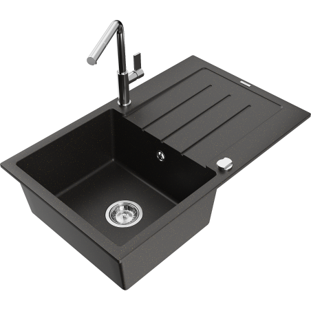 Mexen Bruno 1-bowl granite sink with drainer and Flora kitchen faucet, black/gold metallic - 6513-75-670401-00