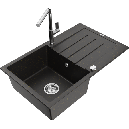 Mexen Bruno granite sink 1-bowl with drainer and Flora kitchen tap, black/golden metallic - 6513-75-670401-00