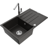 Mexen Bruno 1-bowl granite sink with drainer and Flora kitchen faucet, black/gold metallic - 6513-75-670401-00